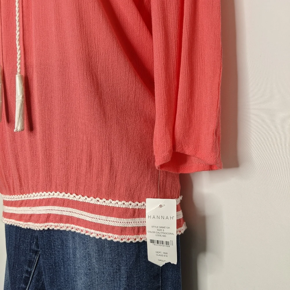 Hannah boho embroidery 3/4 sleeve top‎ coral. New With Tag sz:S